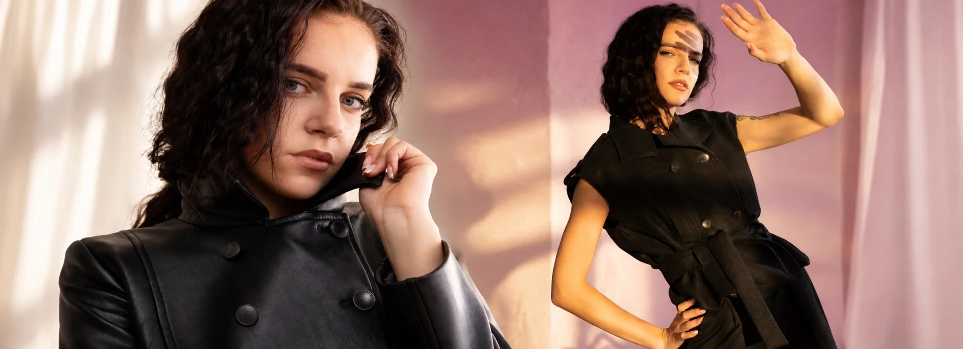 Two models in black leather and wool from the new Maria Danielle collection